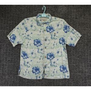 Tommy Bahama Shirt Mens Large Blue Green Floral Print Silk Hawaiian Aloha Beach